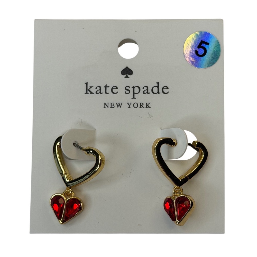 Kate Spade New York Red Crystal Heart Gold Tone Drop Earrings NWT Chic Huggie